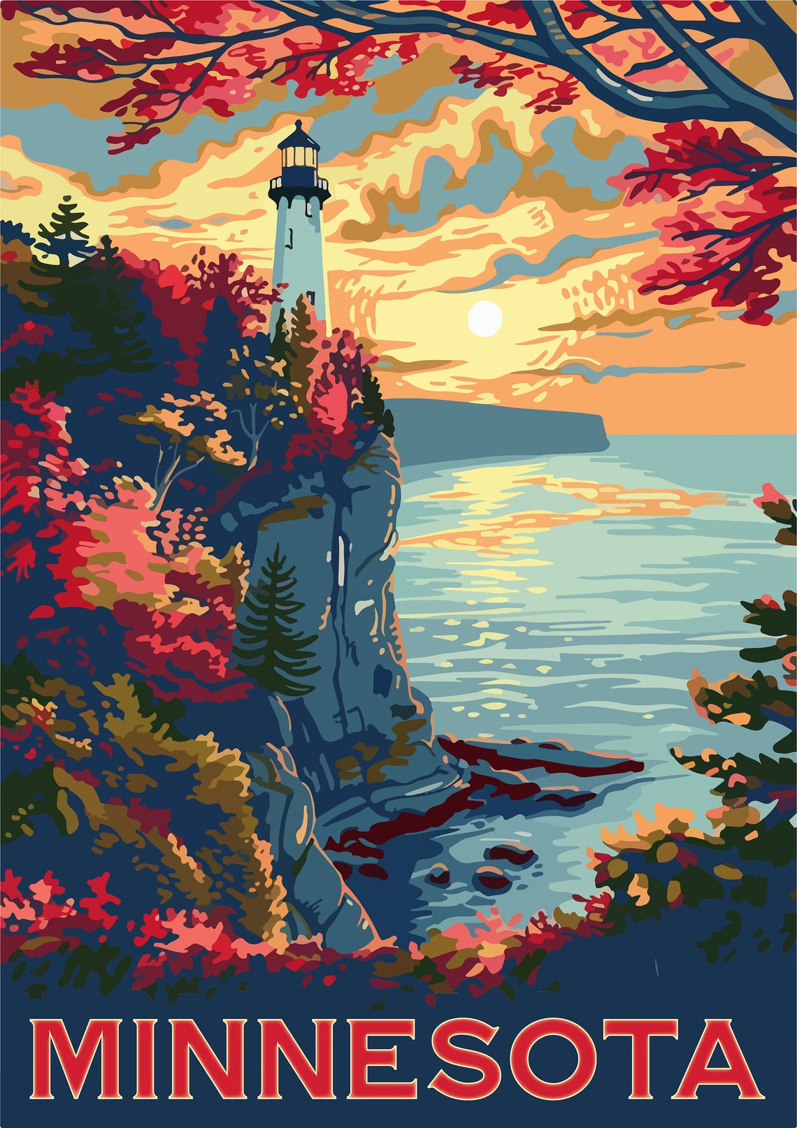 Minnesota Lighthouse Cliff Sunset Autumn Colors Travel Poster