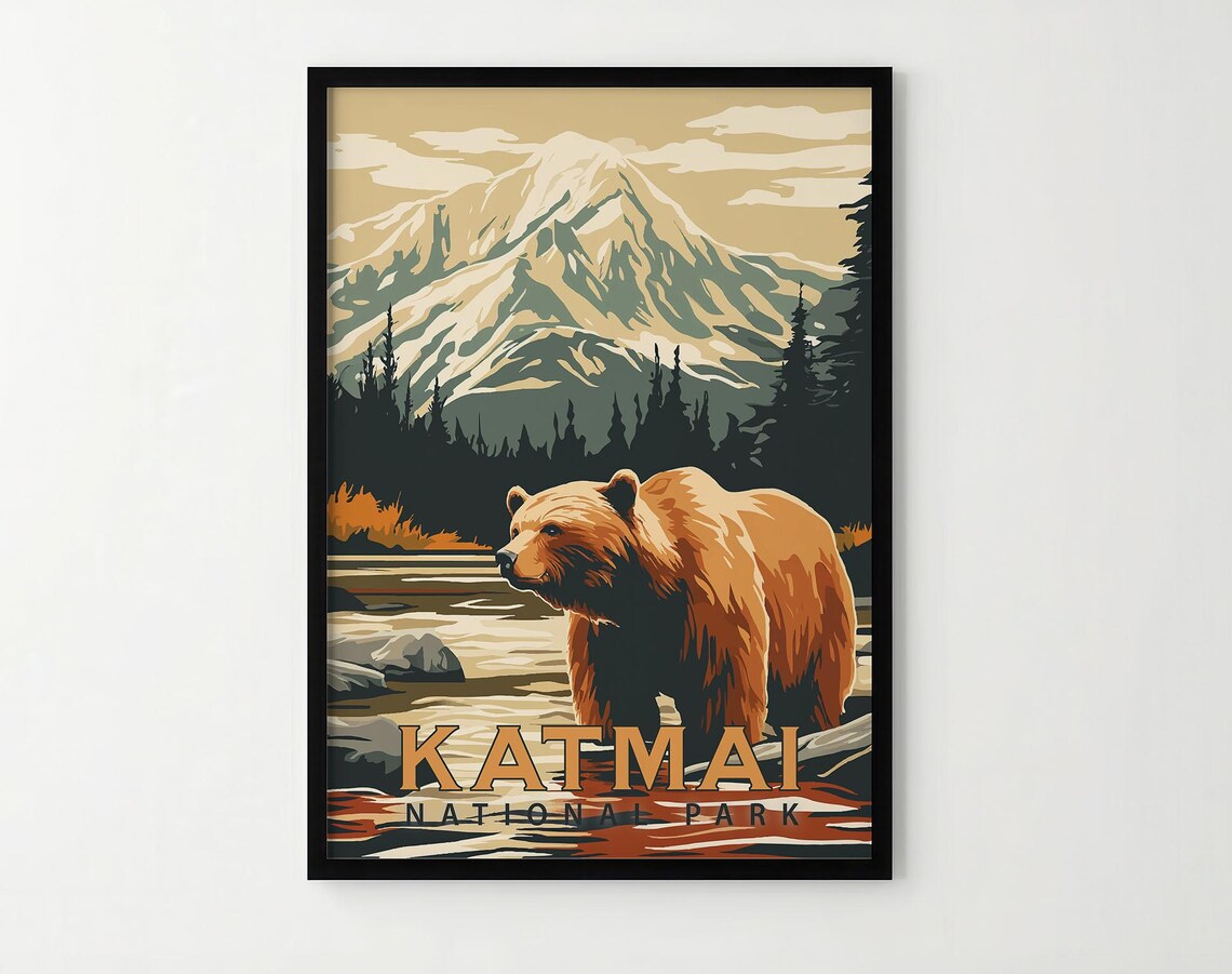 Katmai National Park Brown Bear River Snowy Peak Wildlife Poster