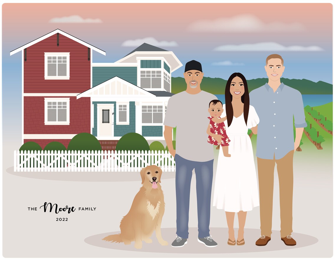 Custom Family Portrait In Front Of House With Golden Retriever Poster