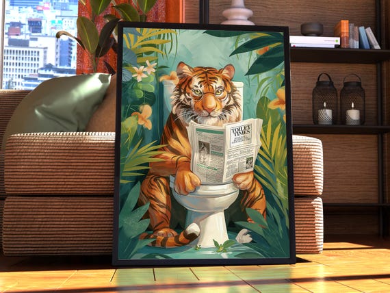 Tiger On Toilet Bathroom Poster Funny Print Art Animal Jungle Newspaper Botanical