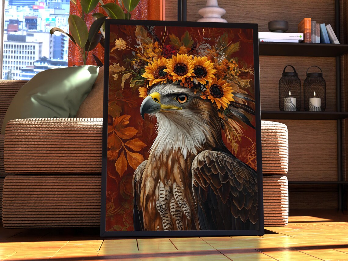 Eagle Sunflower Crown Portrait Golden Autumn Wildlife Art Poster