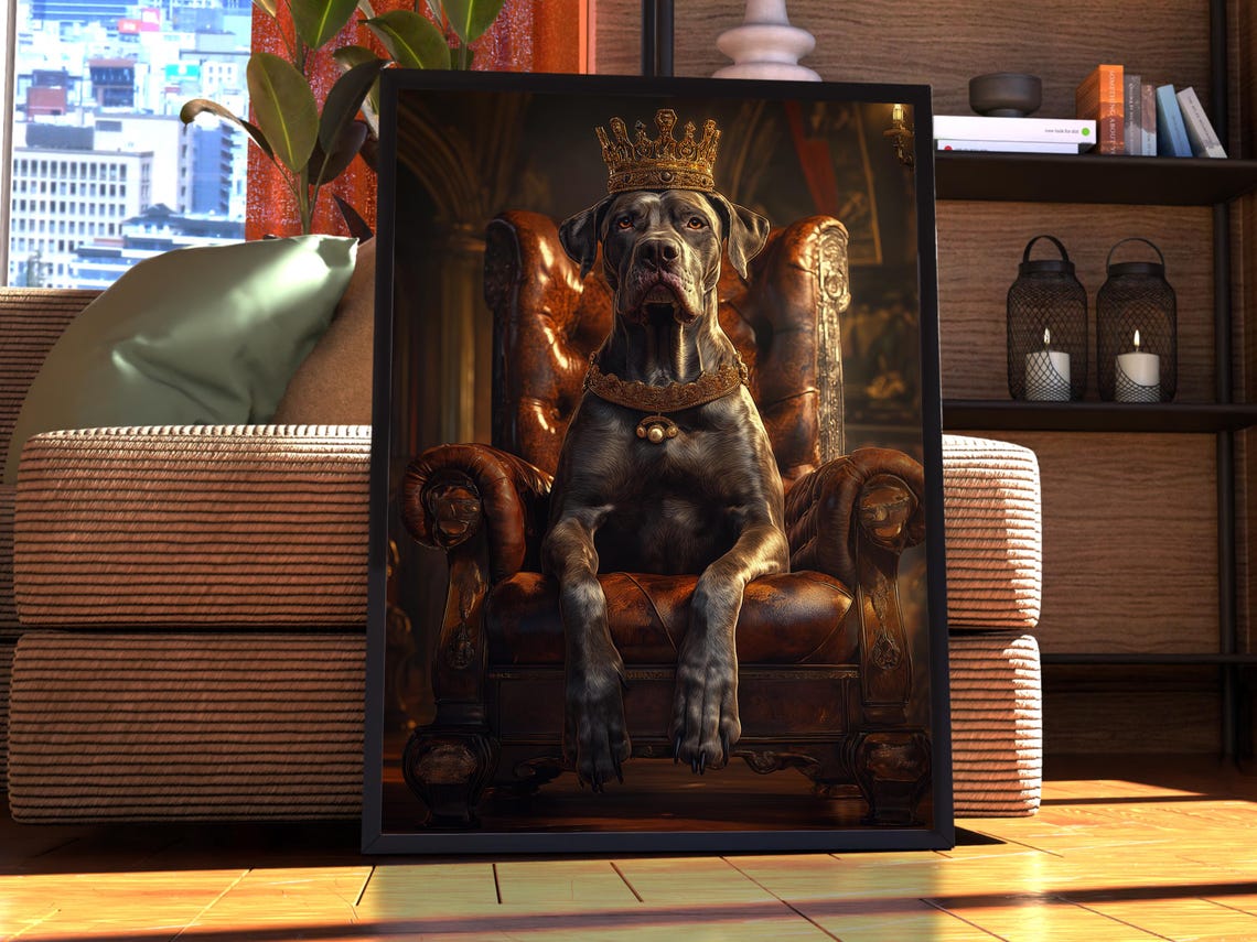 Great Dane Royal Portrait Crowned King Leather Throne Dog Poster