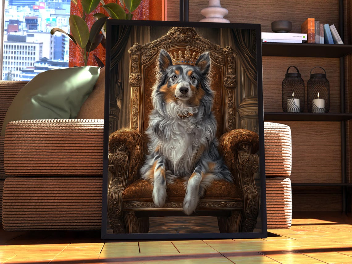 Blue Merle Australian Shepherd Crowned on Throne Portrait Wall Art