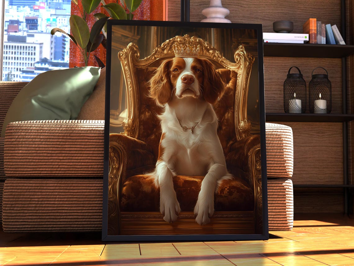 Crowned Brittany Spaniel Dog on a Royal Throne Portrait Wall Art
