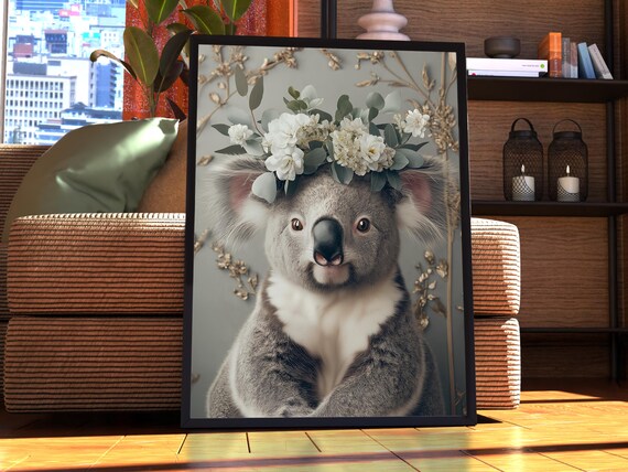 Maximalist Koala Poster Floral Animal Print Wall Art Portrait Vintage Funky Colourful Pink