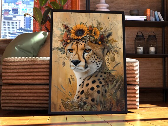 Maximalist Cheetah Poster Floral Animal Print Wall Art Portrait Vintage Funky Colourful