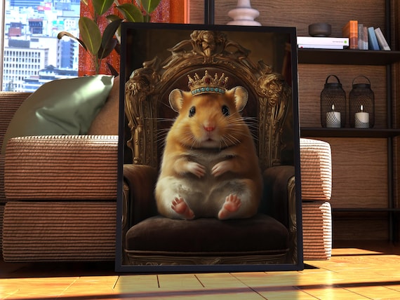 Hamster Royal Portrait Wearing Jeweled Crown on a Carved Throne Poster