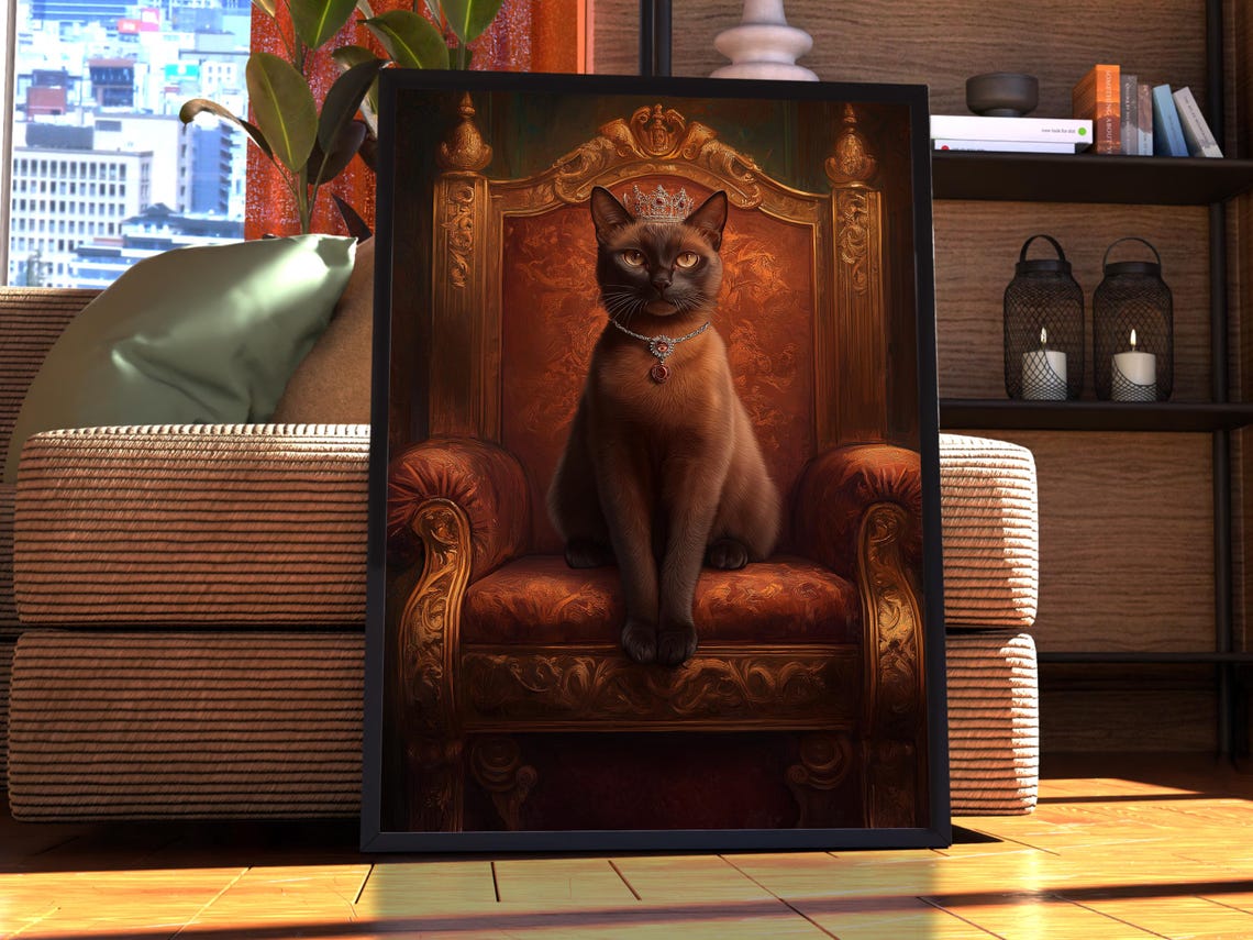 Burmese Cat Wearing Jeweled Crown on Regal Throne Portrait Poster