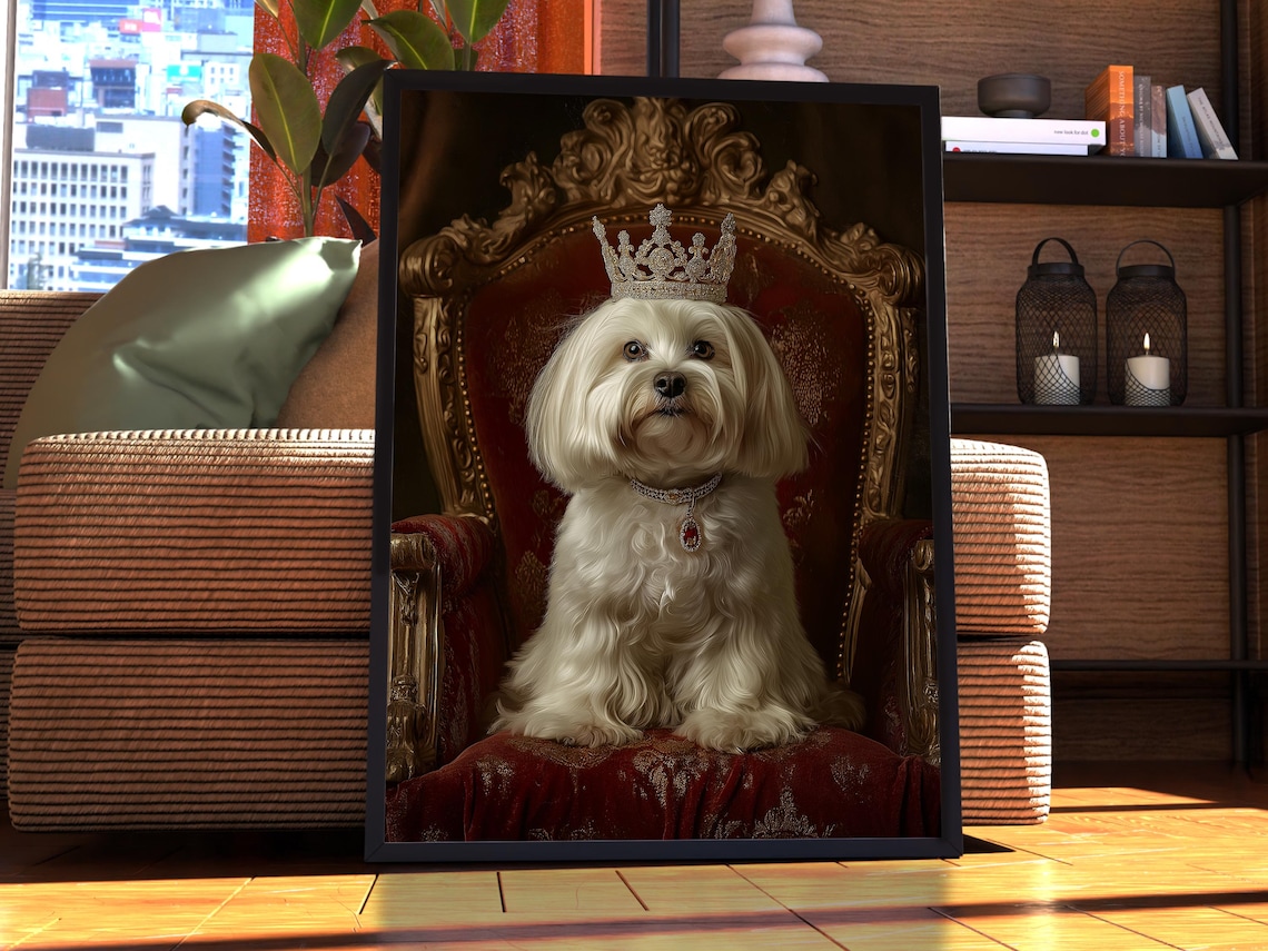 White Havanese Dog Royal Portrait Crown and Jewel Necklace Poster