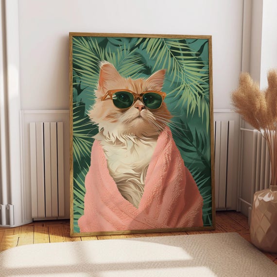 Cat In A Bathrobe Bathroom Poster Funny Print Animal Art Toilet Wc