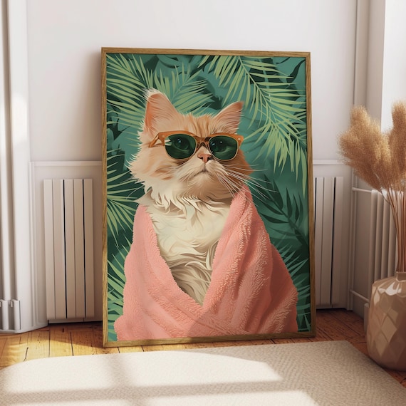 Funny Cat in Bathrobe Wearing Sunglasses Tropical Palm Leaf Art Poster