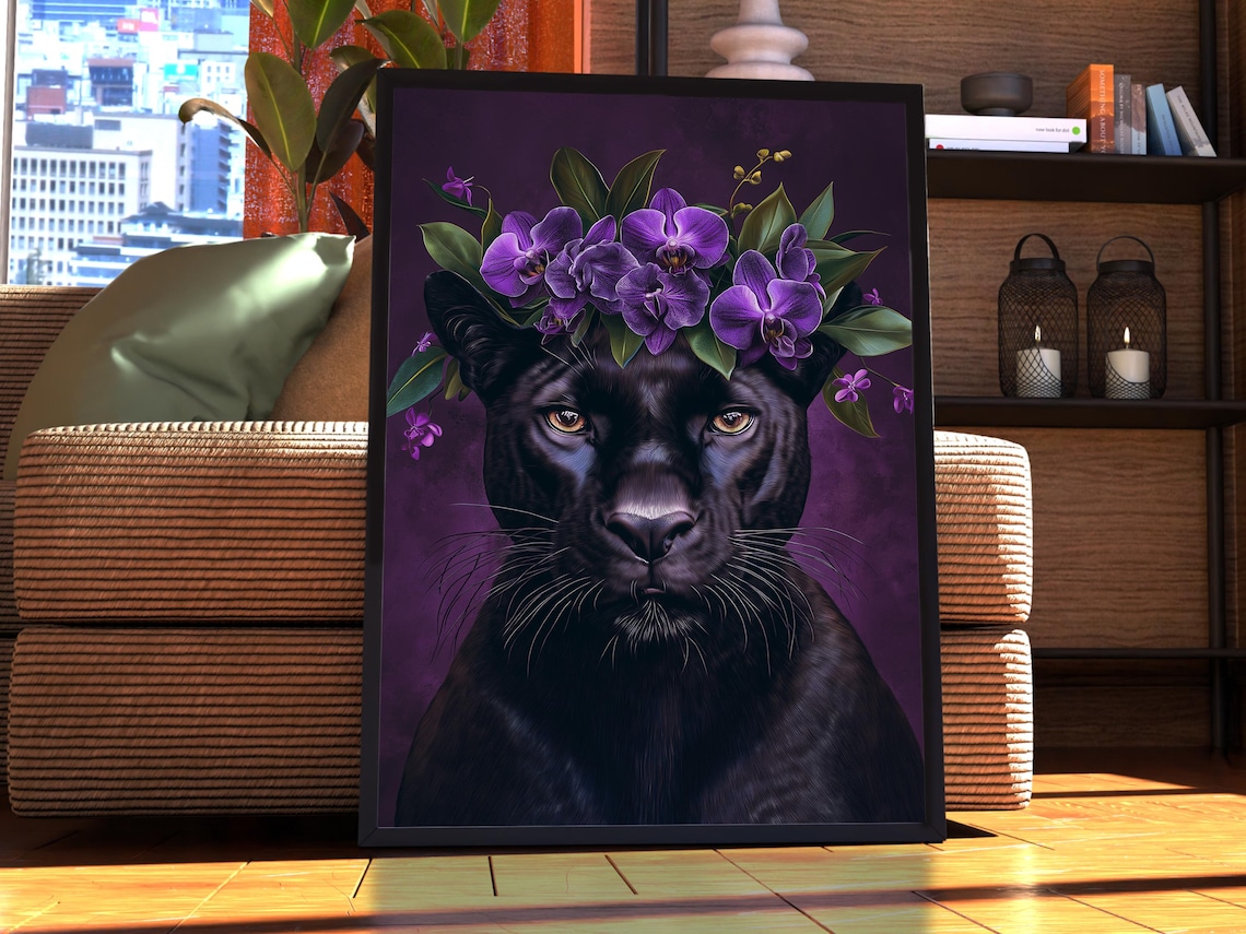 Black Panther with Purple Orchid Flower Crown Big Cat Art Print
