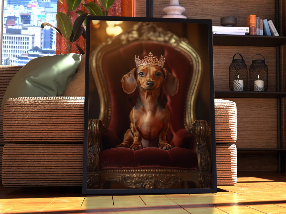 Miniature Dachshund Royal Portrait Crown Velvet Throne Cute Poster