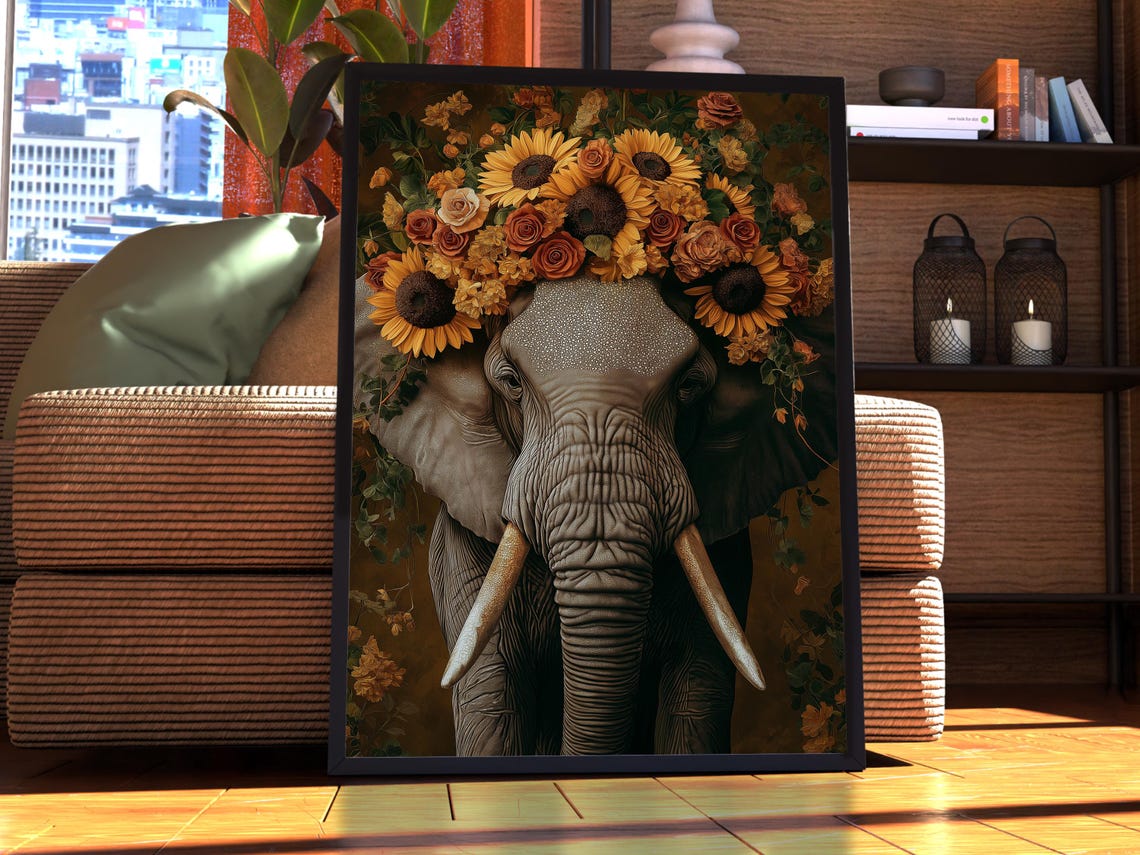 Elephant Sunflower Rose Crown Golden Maximalist Animal Poster