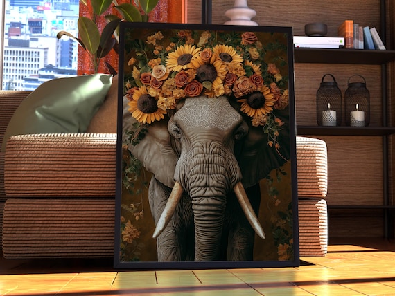 Maximalist Elephant Poster Floral Animal Print Art Portrait Vintage Funky Colourful