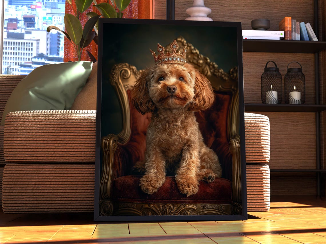 Goldendoodle Royal Portrait Puppy Crown Velvet Throne Pet Poster