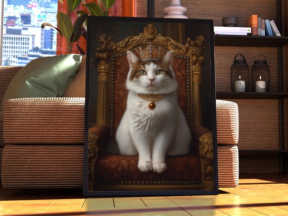 White and Brown Cat Wearing a Crown on Throne Royal Cat Poster