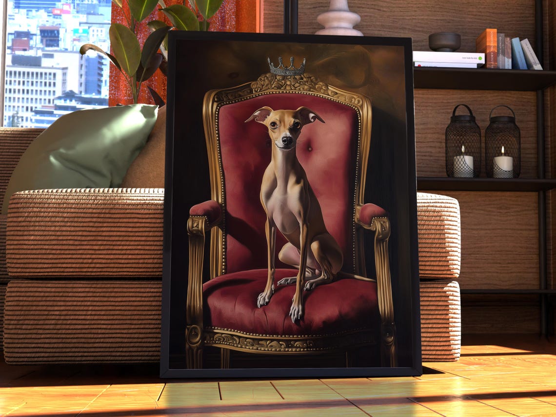 Whippet Wearing Crown on Red Velvet Throne Royal Dog Portrait Poster
