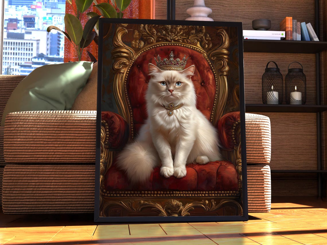 Birman Cat Royal Portrait Poster Crowned Kitten on Red Velvet Throne