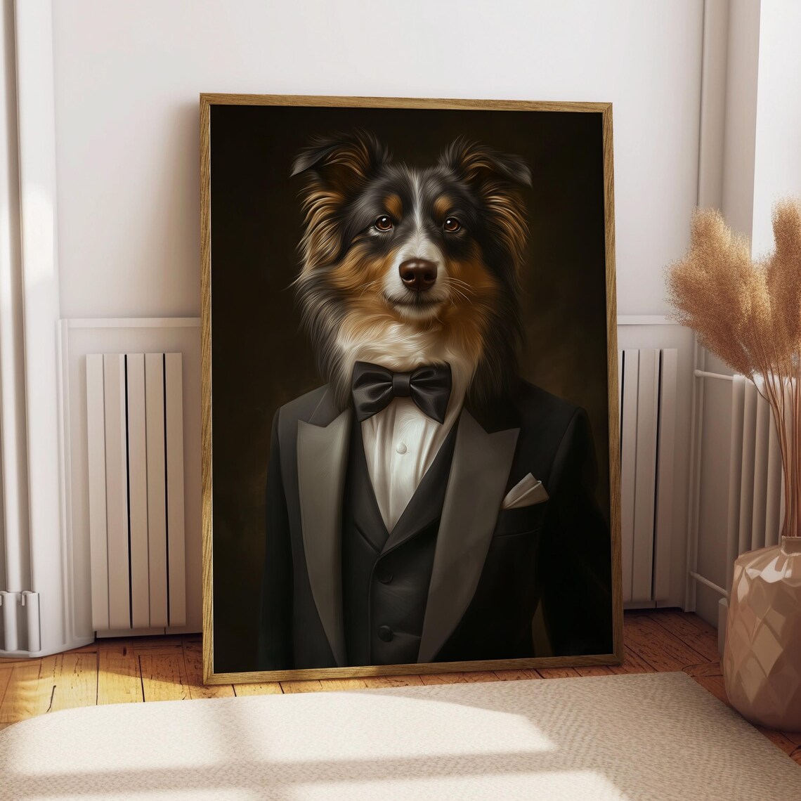 Australian Shepherd in Tuxedo Bow Tie Gentleman Dog Portrait Poster