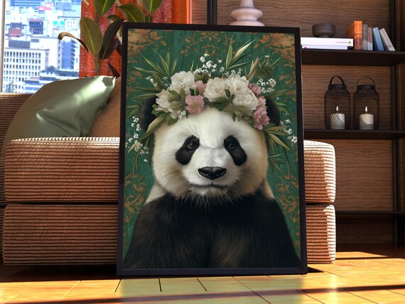 Maximalist Panda Poster Floral Animal Print Wall Art Portrait Vintage Funky Colourful