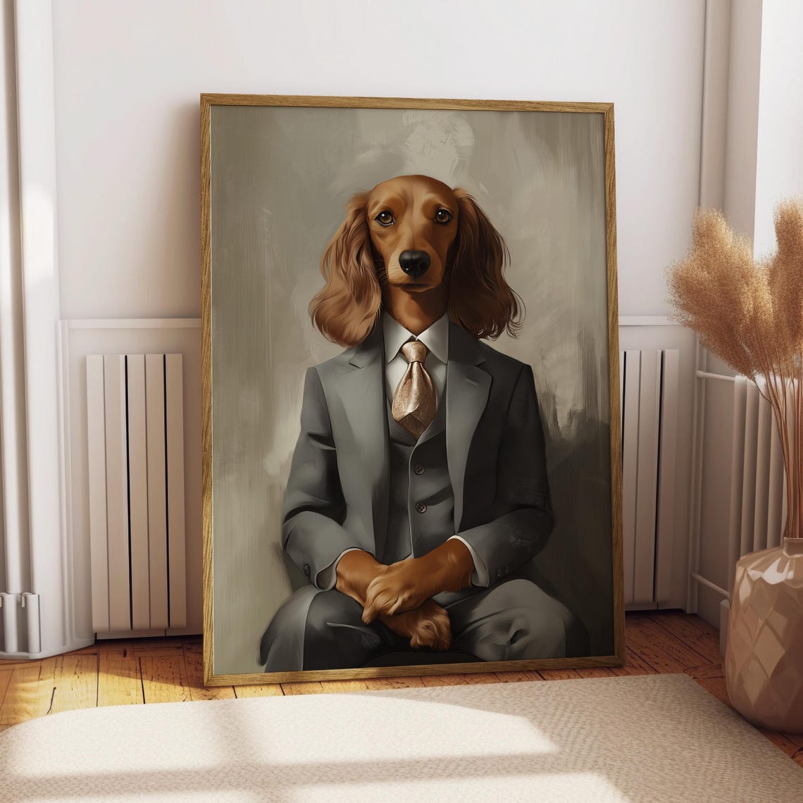 Long Haired Dachshund in Gray Suit Charming Pet Portrait Poster