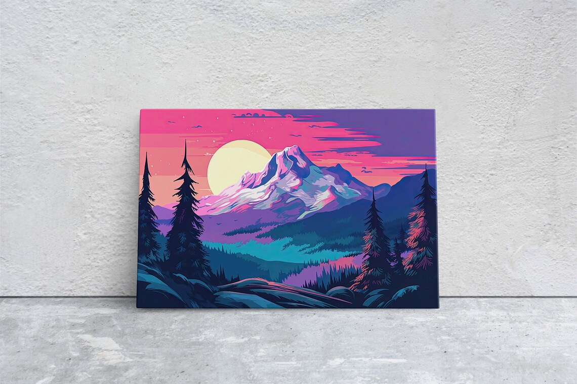 Neon Pink Sunset Snowy Mountain Peak Big Sun Vaporwave Art Poster