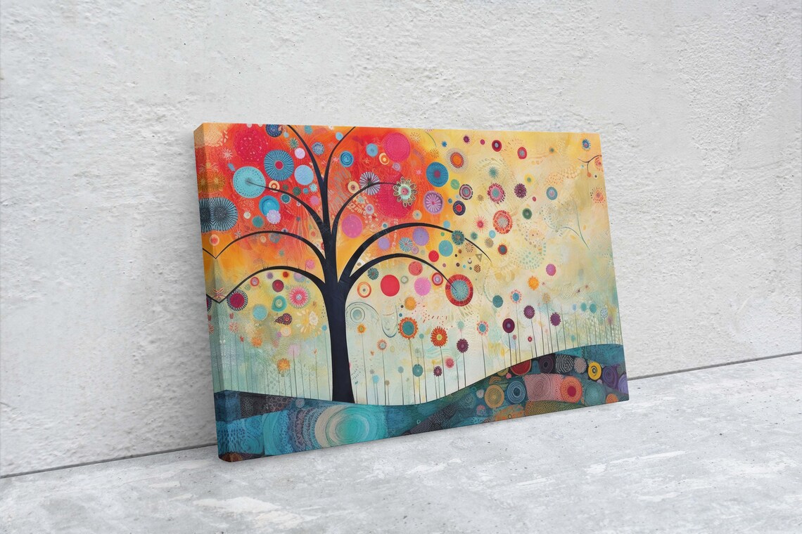 Whimsical Tree Of Life Colorful Circle Blossoms Sunset Meadow Poster - Image 2