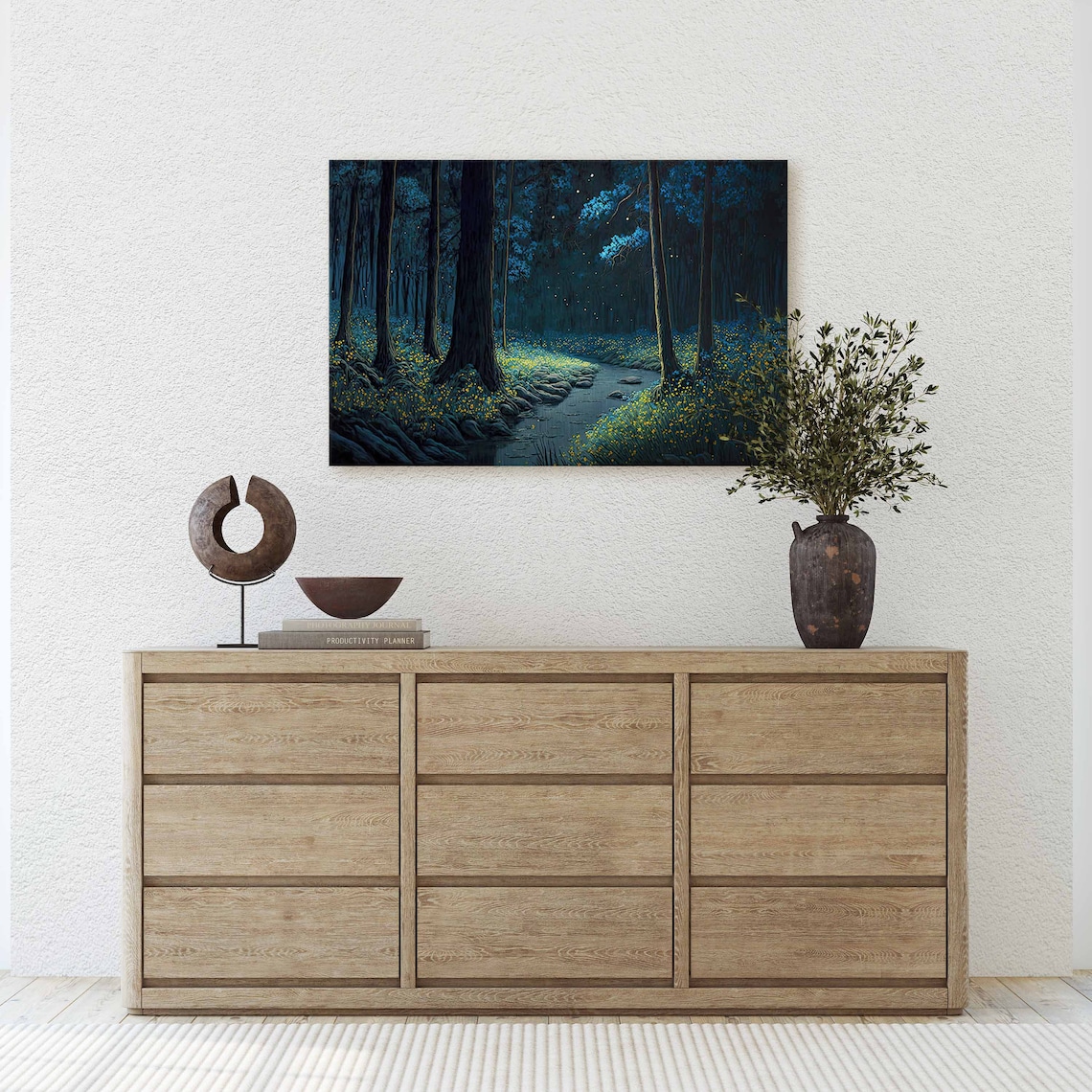 Mystical Forest At Night Fireflies Art Ready To Hang Large Print Painting - Image 2