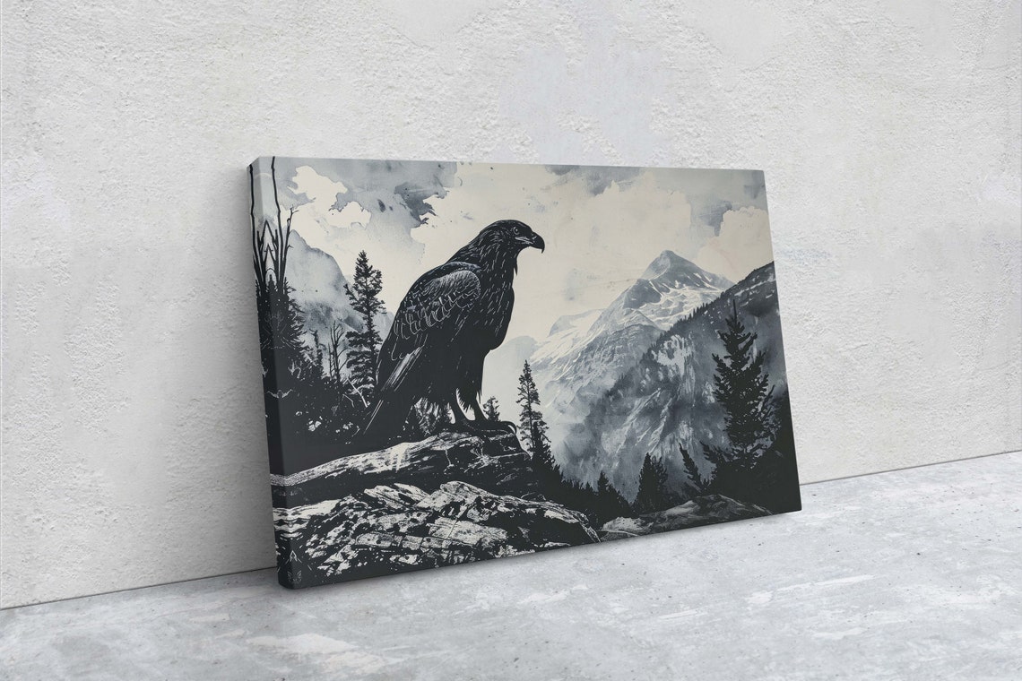 Black And White Eagle Rocky Mountain Peak Wilderness Art Poster - Image 2