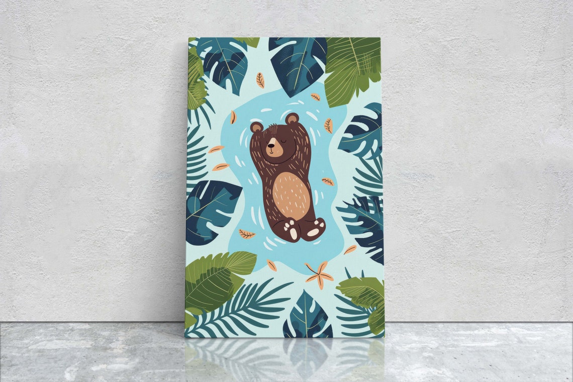 Cute Baby Bear Floating in Tropical Water Nursery Kids Room Wall Art - Image 2