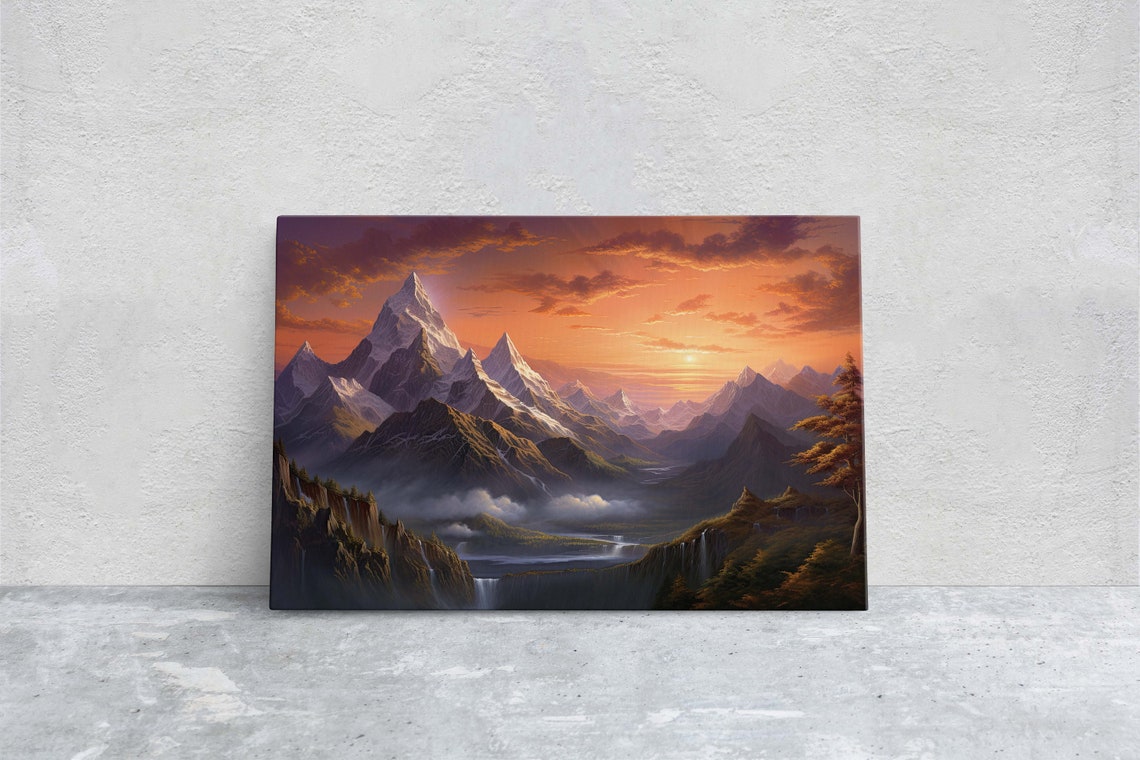 Majestic Snowy Mountain Peaks Sunset Waterfall Valley Art Poster