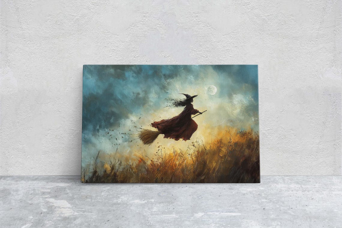 Witch on Broomstick Flying Over Golden Harvest Field Moonlight Poster