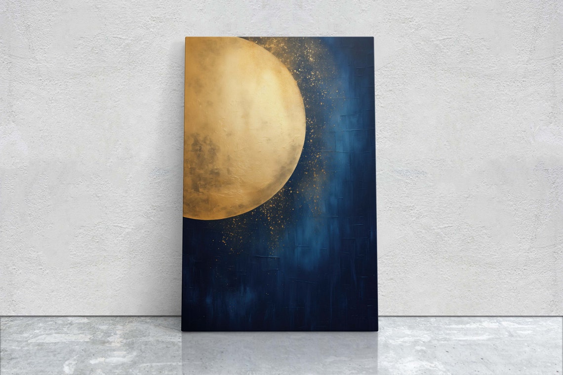 Golden Crescent Moon Indigo Night Sky Celestial Gold Painting Poster