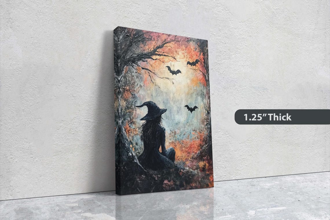 Witch Silhouette With Bats in Autumn Forest Moody Halloween Art Print - Image 3