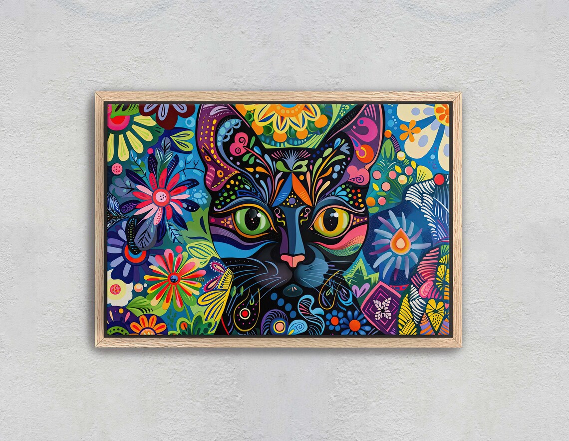 Whimsical Black Cat Pop Art, Geometric Abstract Art Print - Image 2