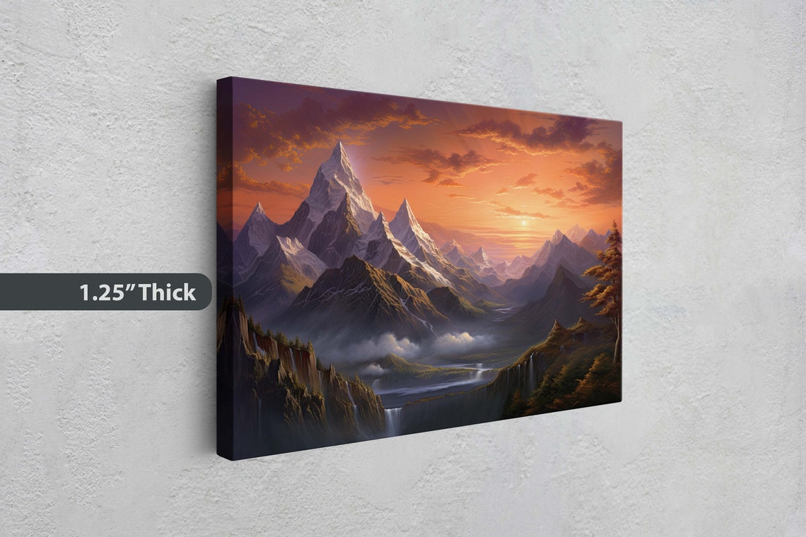 Majestic Snowy Mountain Peaks Sunset Waterfall Valley Art Poster - Image 3