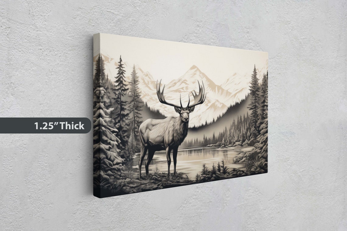 Sepia Elk Mountain Lake Pine Forest Cabin Rustic Wildlife Art Print - Image 3