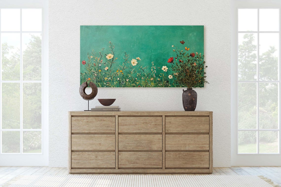 Wildflower Meadow On Emerald Green Textured Botanical Art Poster - Image 2