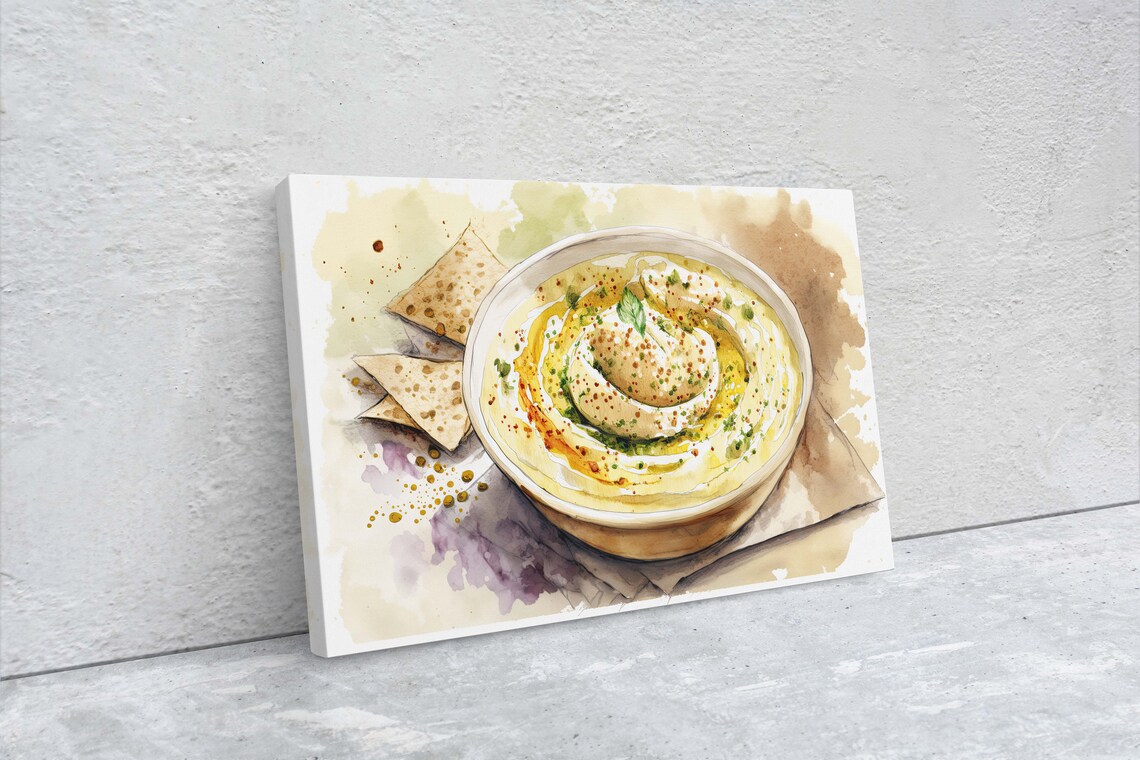 Hummus Pita Bowl Watercolor Mediterranean Food Kitchen Art Poster - Image 2