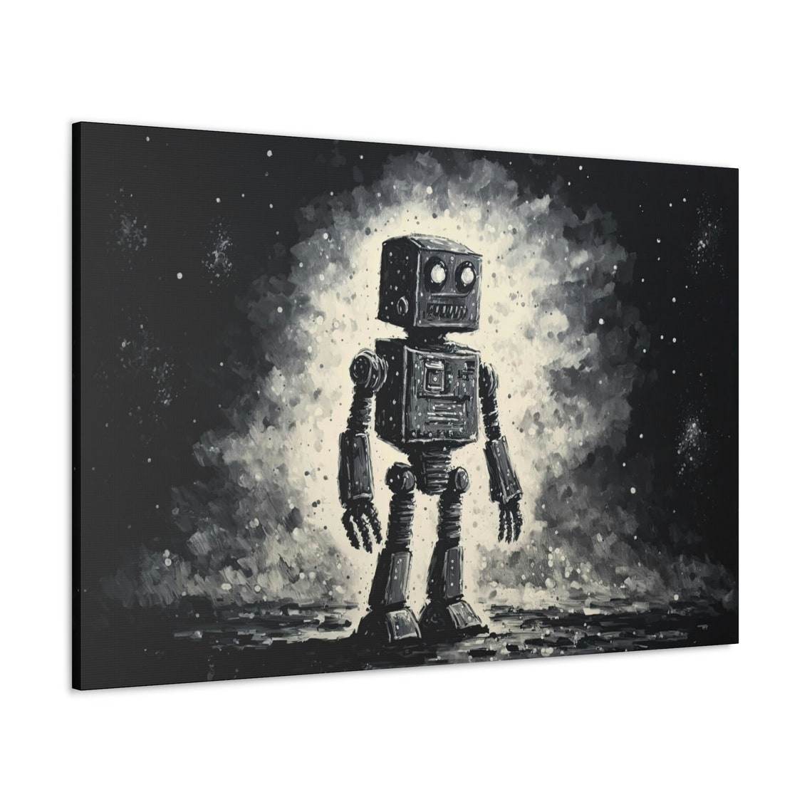 Retro Robot Standing Starry Space Black White Ink Painting Poster Art - Image 3