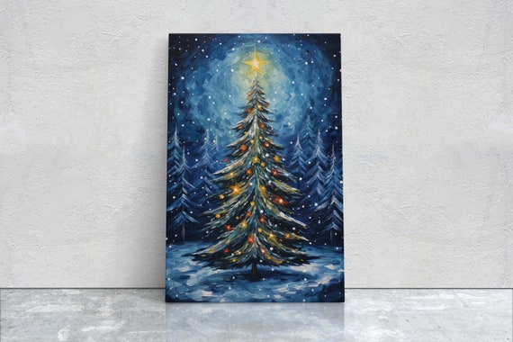 Starry Christmas Tree Starry Night Christmas Painting Xmas Decor Framed Large Painting Festive Print Winter Art