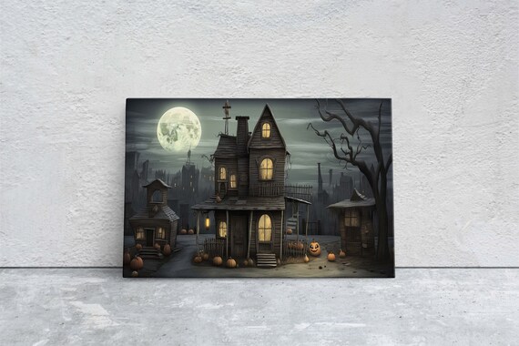 Spooky Haunted Mansion Full Moon Pumpkins Gothic Halloween Art Poster