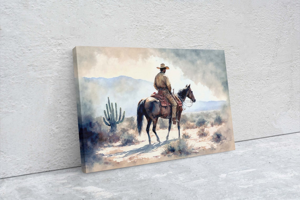 Watercolor Cowboy Horseback Desert Cactus Old West Sunset Scene Poster - Image 2