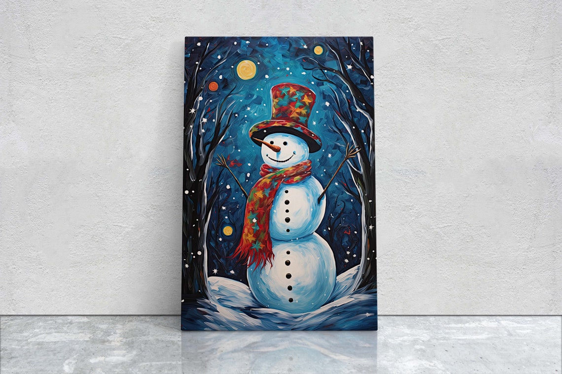 Snowman Colorful Patchwork Top Hat Starry Winter Night Sky Art Poster