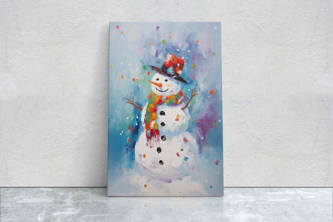 Colorful Snowman Christmas Art Print, Winter Holiday