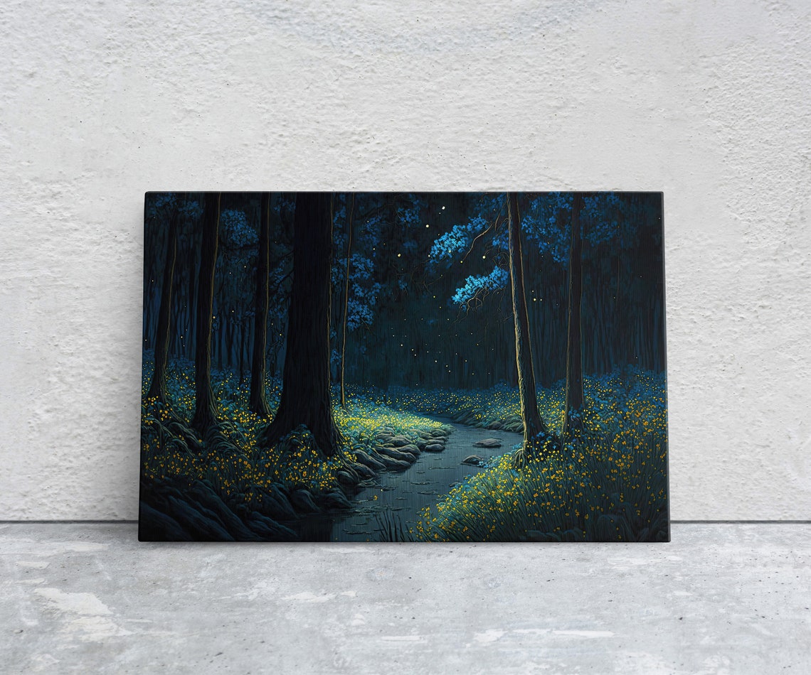 Mystical Night Forest Fireflies Glowing Stream Moonlight Trees Poster