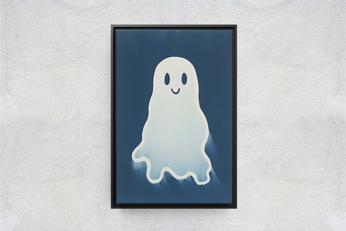 Happy Smiling Ghost Minimalist Navy Halloween Kids Decor Art Poster - Image 2