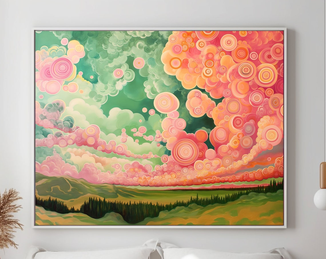 Dreamy Pink Spiral Clouds Surreal Fantasy Valley Landscape Poster