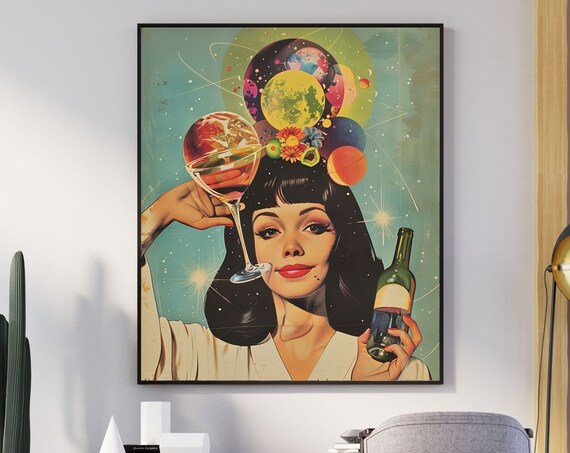 Cosmic Cocktail Woman Retro Futurism Planets Wine Art Poster
